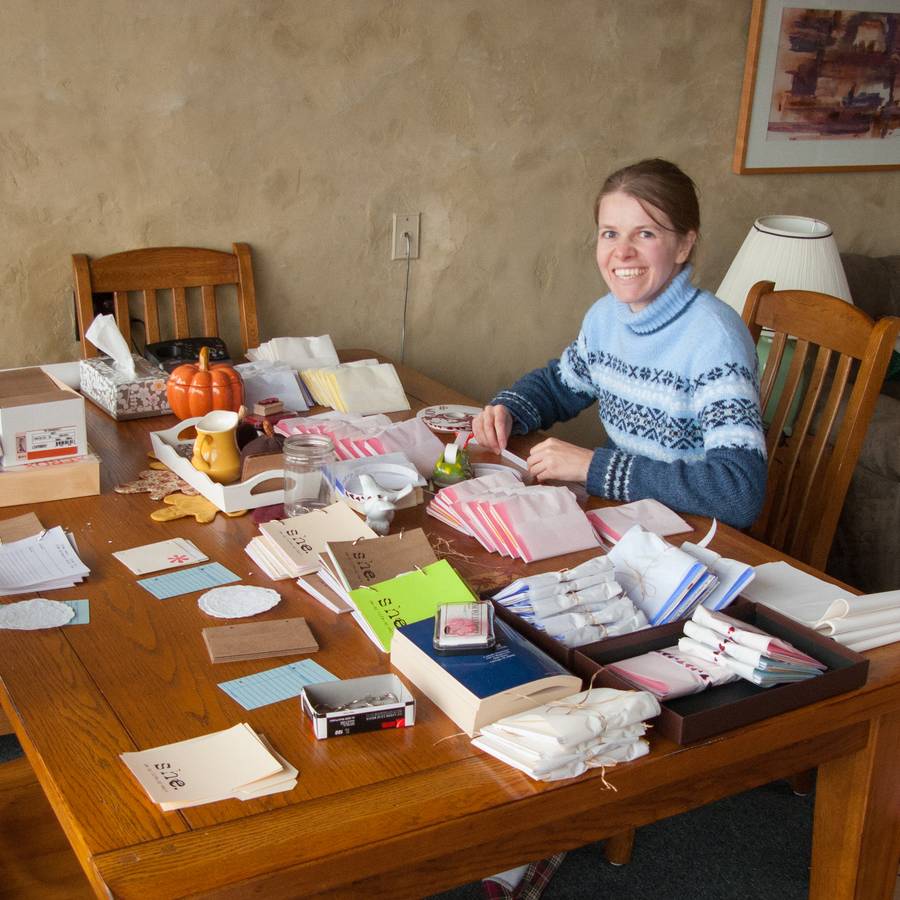 Katie handmaking journals